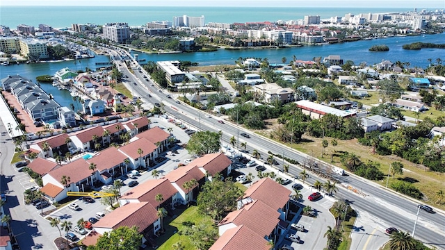 drone / aerial view with a water view