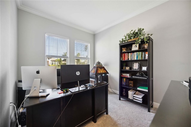 home office with light colored carpet and ornamental molding