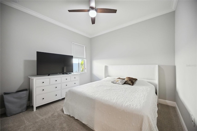 bedroom with crown molding, light carpet, and ceiling fan