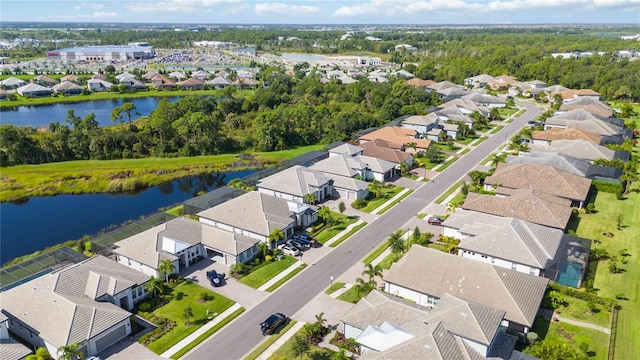 aerial view featuring a water view