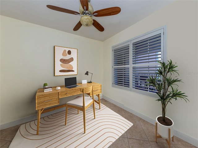 office area with ceiling fan and light tile patterned floors