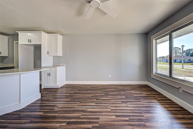 kitchen with white cabinetry, ceiling fan, a textured ceiling, and dark hardwood / wood-style flooring