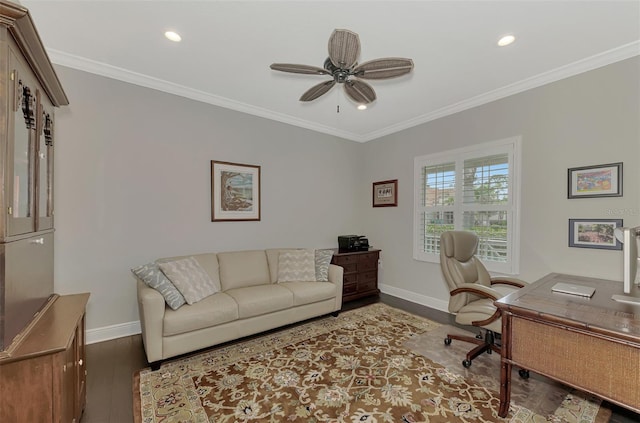 office space featuring crown molding, ceiling fan, and hardwood / wood-style floors