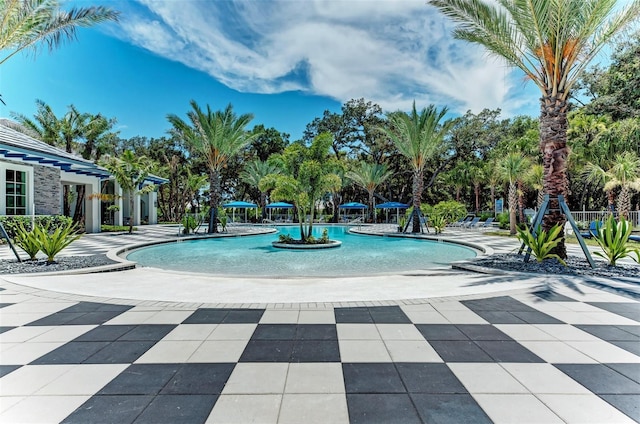 view of swimming pool featuring a patio area