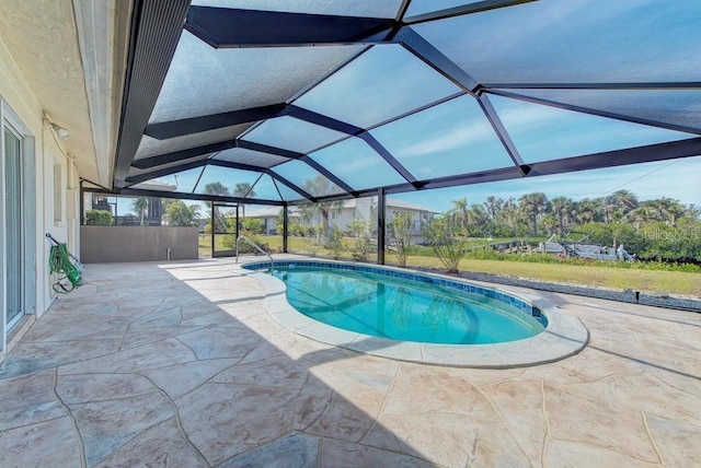 view of swimming pool with a lanai and a patio area