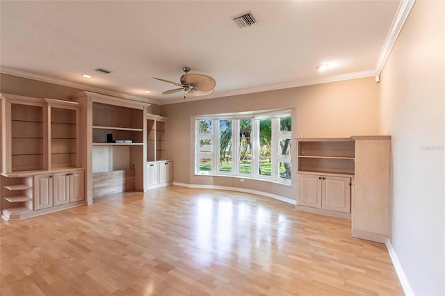 unfurnished living room featuring visible vents, ceiling fan, light wood-style flooring, and baseboards