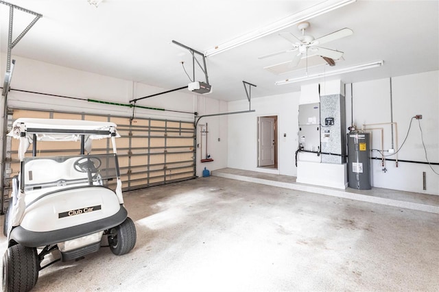 garage with heating unit, water heater, and a garage door opener