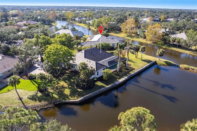 drone / aerial view featuring a water view