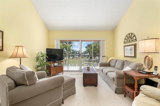 carpeted living room with lofted ceiling and a textured ceiling