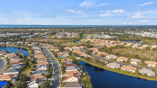 aerial view featuring a water view