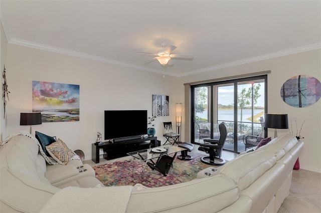 living room with crown molding and ceiling fan