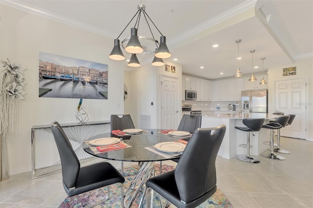 tiled dining room with ornamental molding