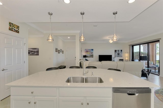 kitchen with white cabinetry, sink, dishwasher, and a center island with sink