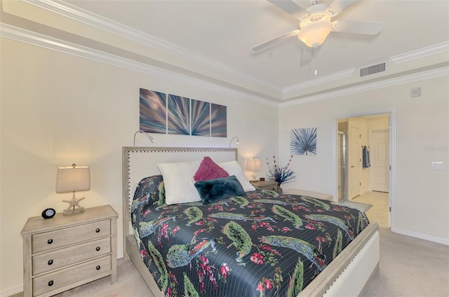 carpeted bedroom featuring crown molding and ceiling fan