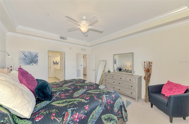 carpeted bedroom featuring ceiling fan, ornamental molding, and connected bathroom