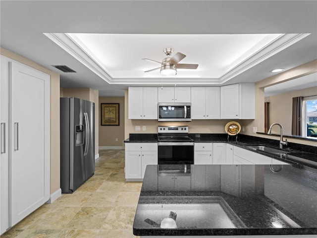 kitchen featuring white cabinetry, sink, dark stone countertops, a tray ceiling, and stainless steel appliances