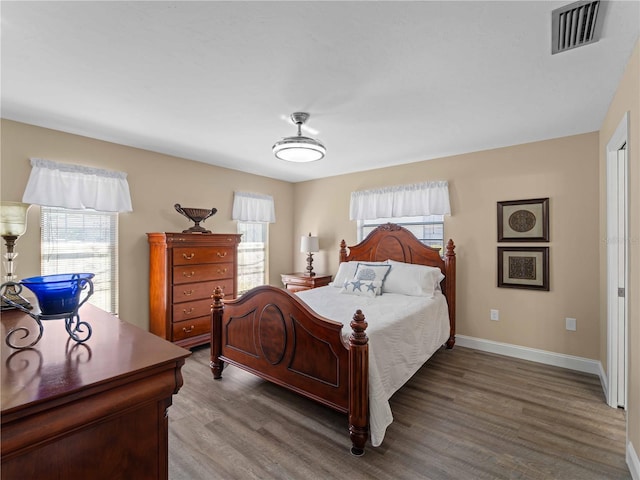 bedroom featuring multiple windows and dark wood-type flooring