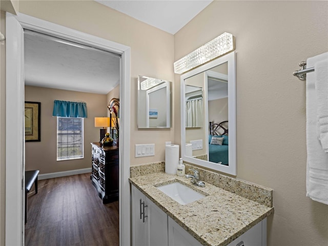 bathroom with vanity and wood-type flooring