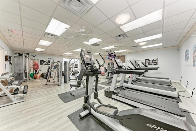 gym featuring hardwood / wood-style flooring, crown molding, a drop ceiling, and ceiling fan