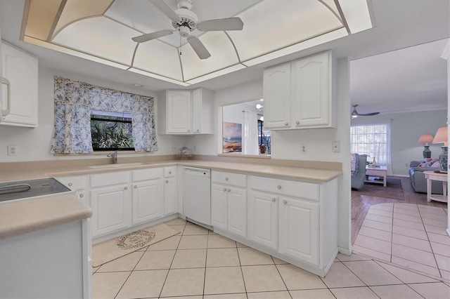 kitchen featuring white cabinetry, dishwasher, sink, and a tray ceiling