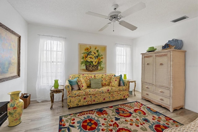 sitting room featuring a healthy amount of sunlight, a textured ceiling, and light wood-type flooring