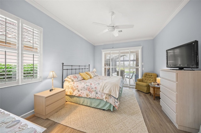 bedroom featuring crown molding, access to outside, ceiling fan, and light hardwood / wood-style floors