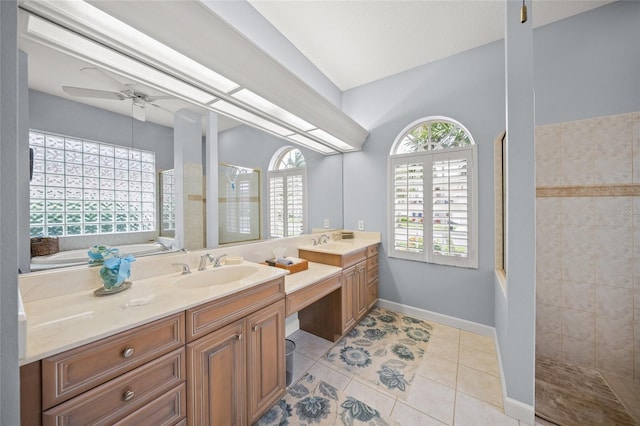 bathroom with tile patterned flooring, vanity, separate shower and tub, and ceiling fan