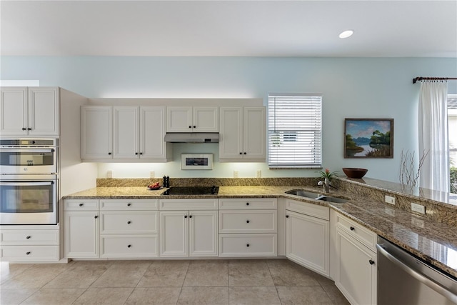 kitchen featuring stainless steel appliances, white cabinetry, a sink, light stone countertops, and under cabinet range hood