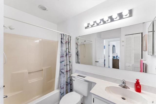 full bathroom featuring a closet, vanity, toilet, and shower / bathtub combination with curtain