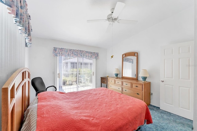 carpeted bedroom featuring lofted ceiling, access to exterior, and ceiling fan