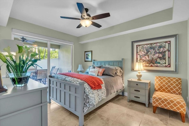 bedroom featuring access to outside and ceiling fan