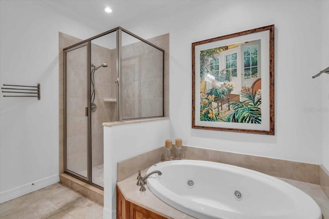 bathroom featuring independent shower and bath and tile patterned flooring