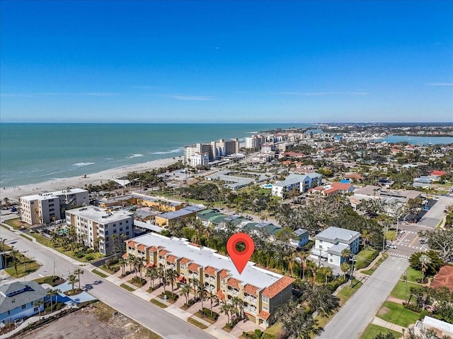 drone / aerial view with a view of the beach and a water view