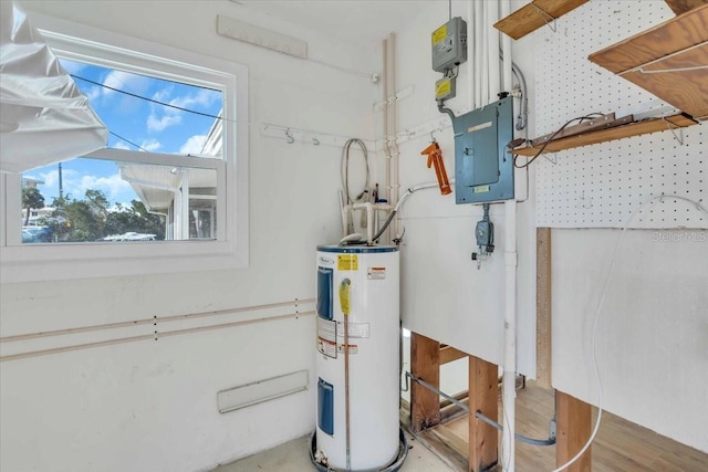 utility room featuring water heater and electric panel