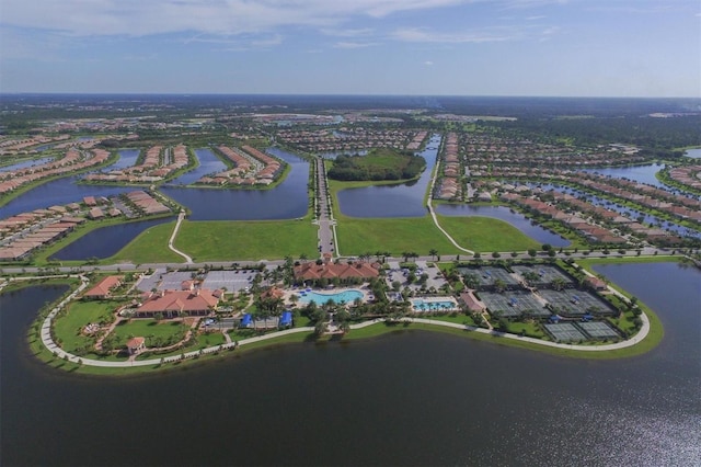 drone / aerial view with a water view