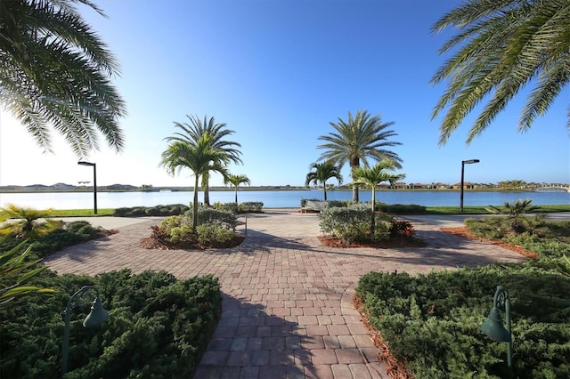 view of community featuring a water view