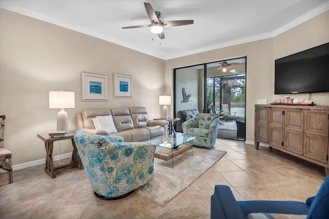 tiled living room featuring ceiling fan and ornamental molding