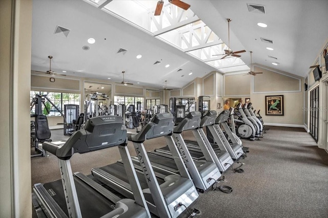 gym featuring vaulted ceiling with skylight