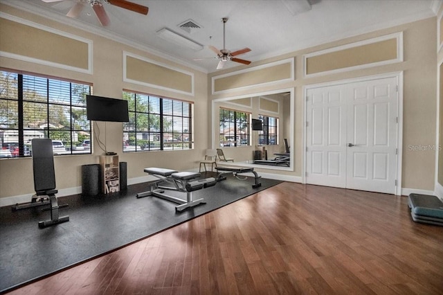 workout area with crown molding, a towering ceiling, ceiling fan, and hardwood / wood-style floors