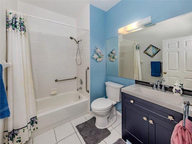 full bathroom with shower / bath combination with curtain, vanity, toilet, and tile patterned flooring