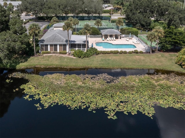 drone / aerial view featuring a water view