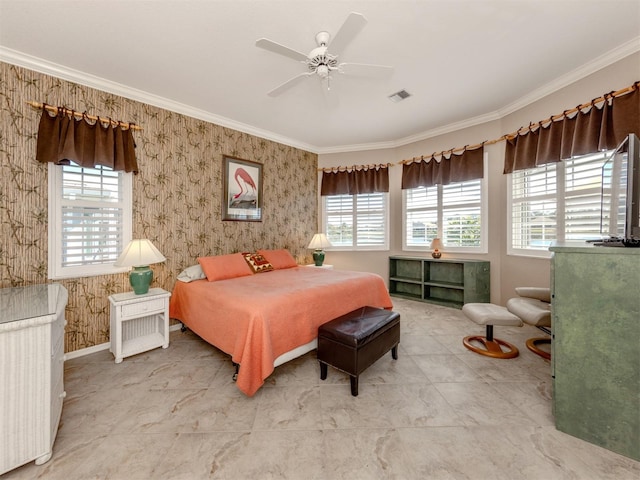 bedroom with multiple windows, crown molding, and ceiling fan