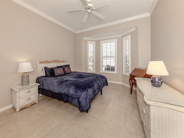 tiled bedroom with crown molding and ceiling fan