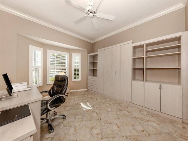 unfurnished office featuring ornamental molding and ceiling fan