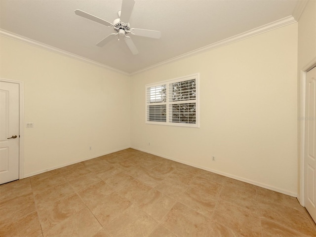 empty room with ornamental molding and ceiling fan