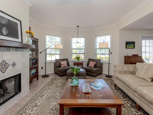 tiled living room with ornamental molding and a fireplace