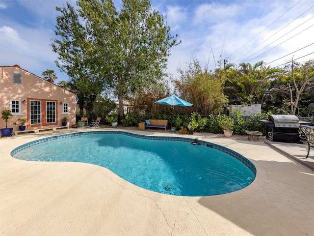 view of pool with a grill and a patio area