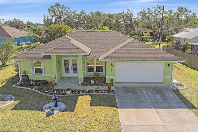 ranch-style house with a front lawn and french doors