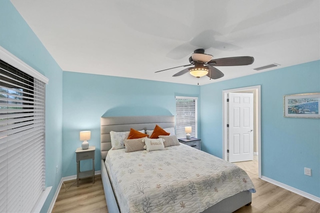 bedroom featuring ceiling fan and light hardwood / wood-style flooring