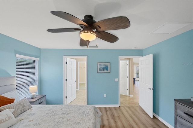 bedroom with ceiling fan and light hardwood / wood-style floors